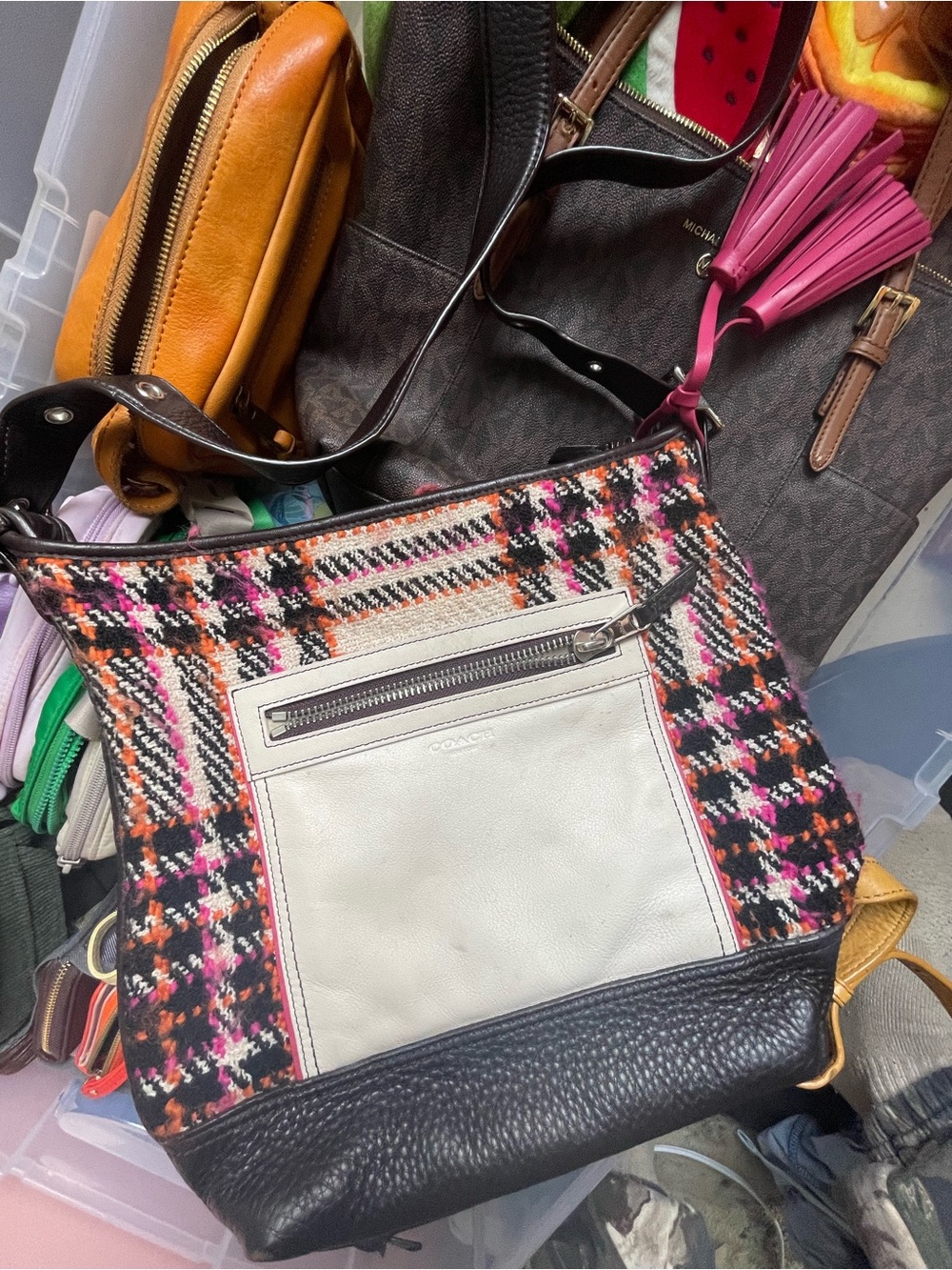 Coach Pink, Orange, Black & Cream Plaid Crossbody Bag with Ivory Pocket